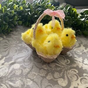 Adorable Easter Spring Decor Yellow Fuzzy Four Chicks in Egg Carton Basket
